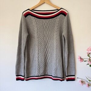 Tommy Hilfiger Cate Global Stripes Cable Knit Sweater Women M Gray Cotton Preppy